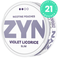 Lattina di bustine di nicotina ZYN Violet Licorice Slim con il fresco gusto di liquirizia e violetta.