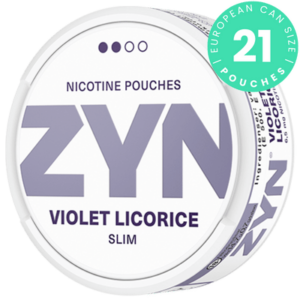 Lattina di bustine di nicotina ZYN Violet Licorice Slim con il fresco gusto di liquirizia e violetta.